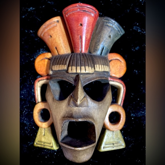 Hand Carved Mayan Wood Mask Aztec Incan Tribal Primitive Wall Decor - Picture 4 of 12